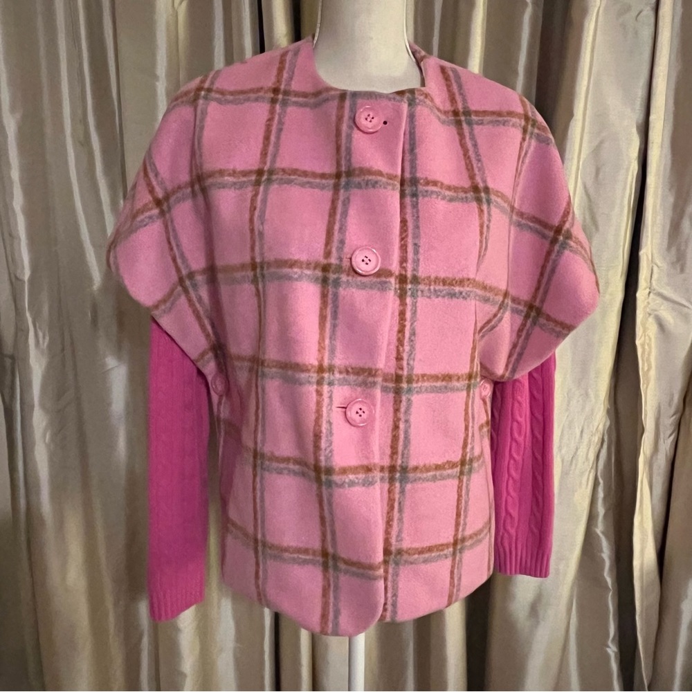 NWT Maeve by Anthropologie Pink Plaid Caplet Poncho Jacket